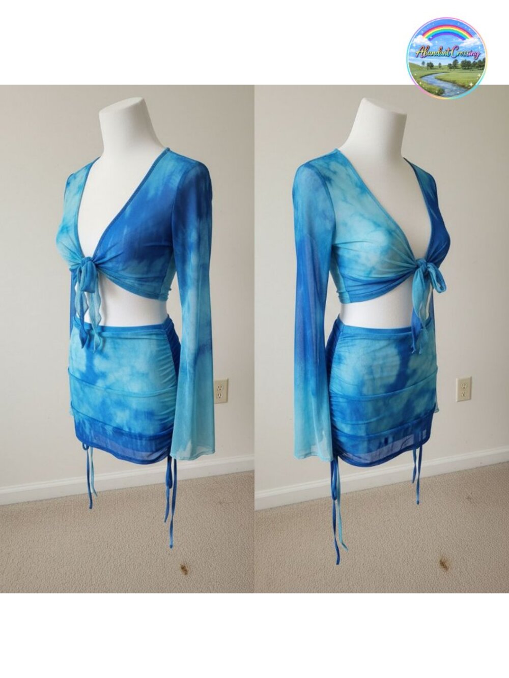 Women's Sheer Mesh Long Sleeve 2 Piece Cover Up Dress Crop Top Mini Skirt Set